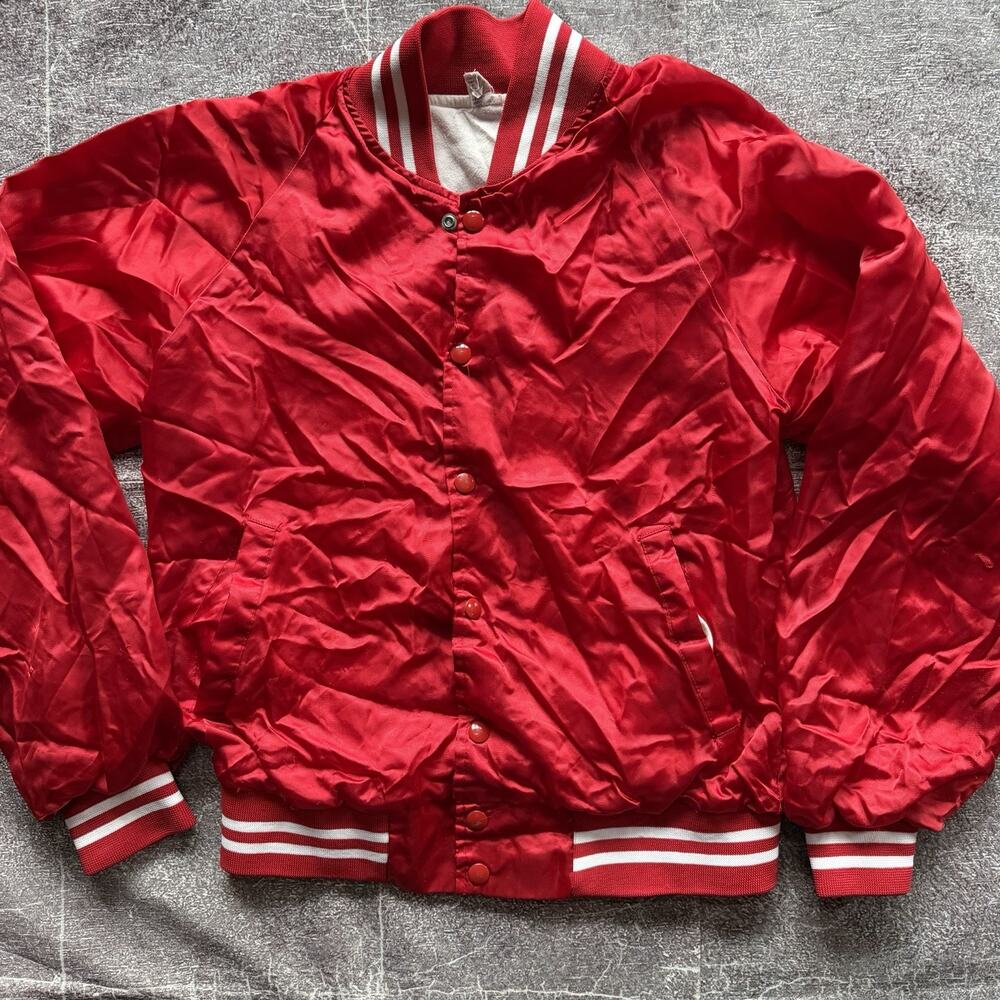 Men's Vintage 80's USA Cherry Red White Button Up Satin Bomber Jacket Sz S (VTG)